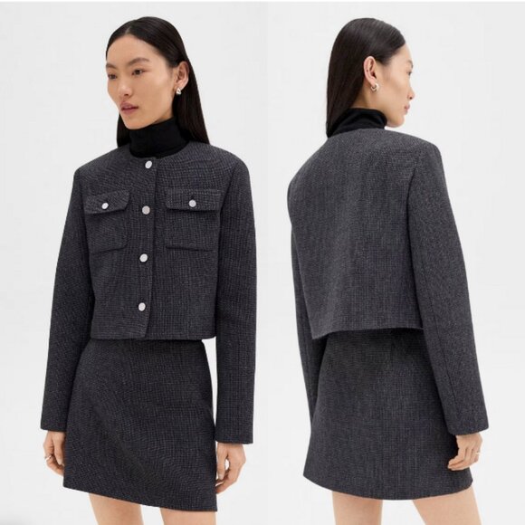 THEORY Tweed Cardigan Jacket Slightly Crop Relaxed Fit Charcoal Melange Size 6 - Picture 1 of 8